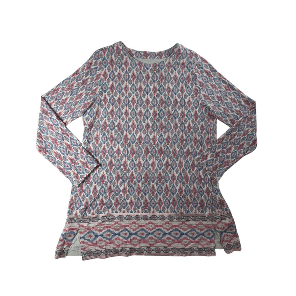J. Jill Luxe Supima Forward Seam Ikat Tunic Red Blue Grey Med Womens Travel Boho